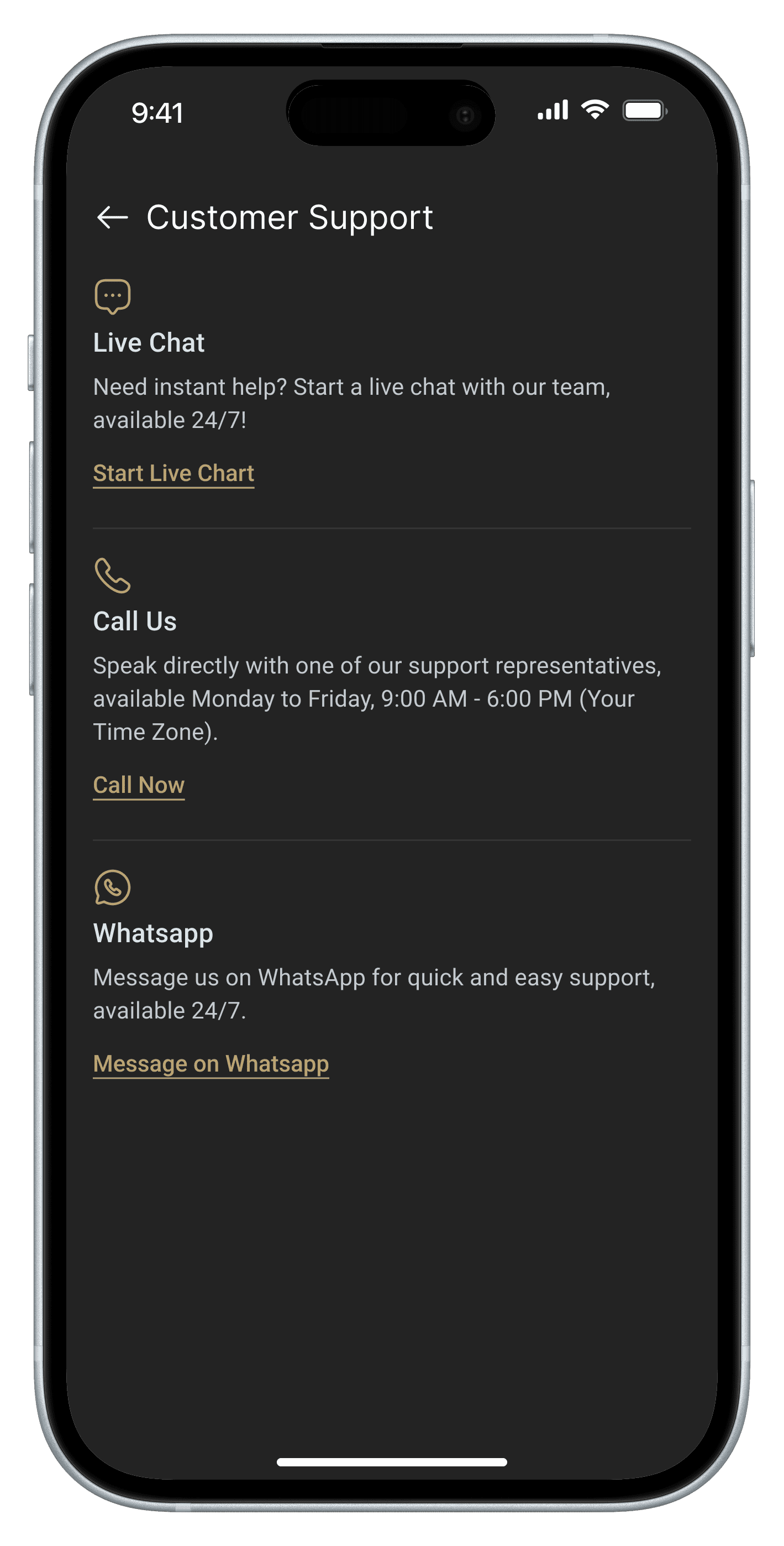 Save in Gold customer support interface with live chat, call us, and WhatsApp support options